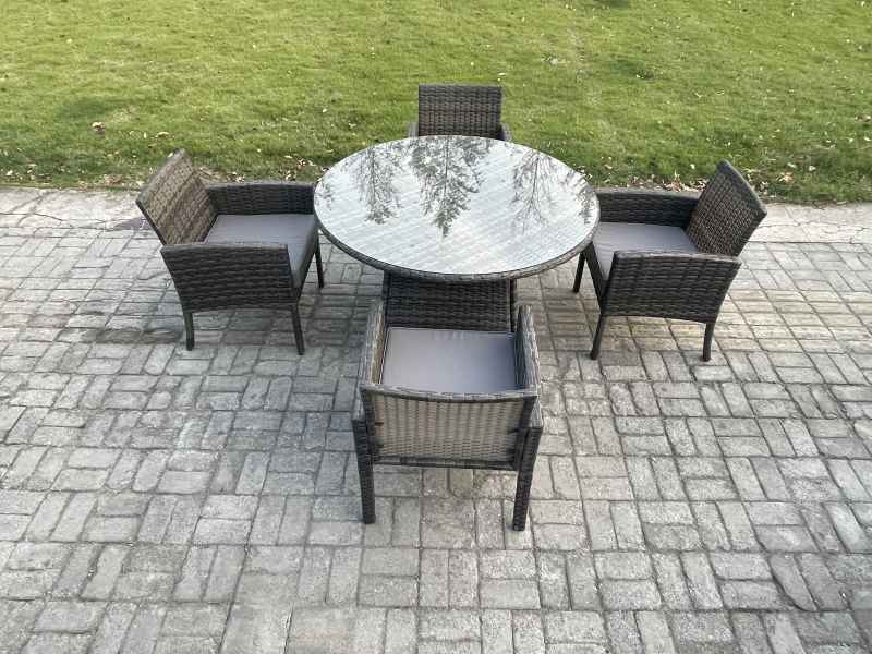Fimous Wicker PE Outdoor Rattan Garden Furniture Arm Chair And Table Dining Sets 4 Seater Medium Round Table Dark Grey Mixed
