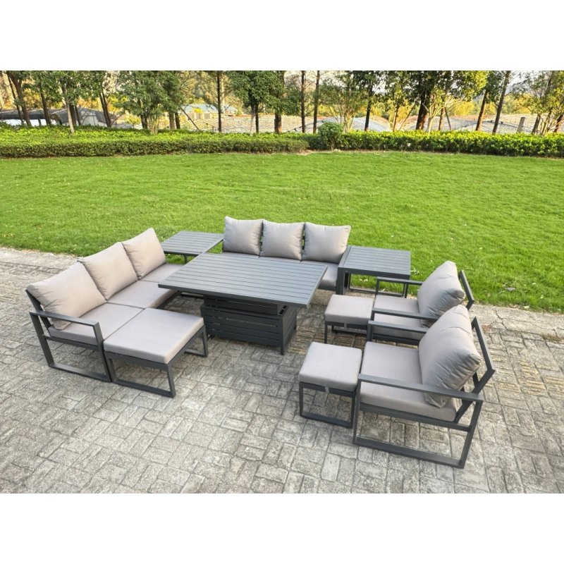 Fimous 9 Piece Garden Furniture Set 11-Seater Aluminium Outdoor Dining Set with Adjustable Rising Lifting Dining Table & Cushions Side Table 3 Footstools Dark Grey