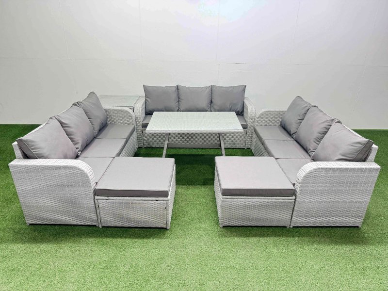 Fimous 11 Seat Outdoor PE Rattan Garden Furniture with Cushions 3 Seater Sofa Side Table 2 Big Stools Light Grey