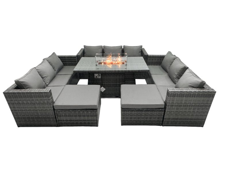 Fimous Rattan Garden Furniture Firepit Set Outdoor 11 Seater Patio Dining Sets with Glass Top Dining Table