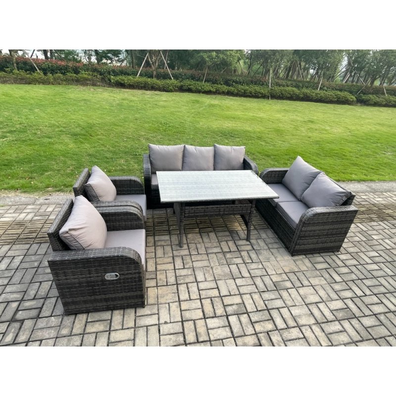 Fimous 7 Seater Lounge Rattan Sofa Set Outdoor Garden Furniture Oblong Rectangular Dining Table With Adjustable Chair Love Sofa Dark Grey Mixed