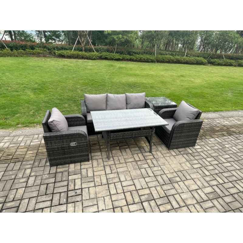 Fimous Wicker PE Rattan Garden Furniture Set Outdoor Rectangular Dining Table and Chair Sofa Set With Side Table Dark Grey Mixed