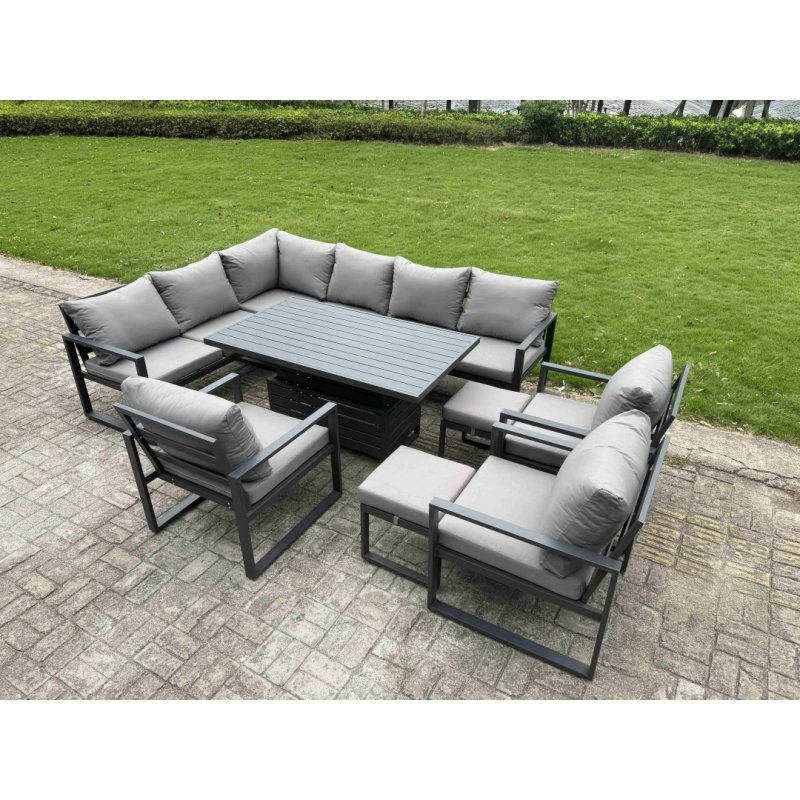 Fimous 8 Pieces Aluminium Garden Furniture Sets with Adjustable Rising Lifting Dining Table,Chair 9 Seater Corner Sofa Set Dark Grey