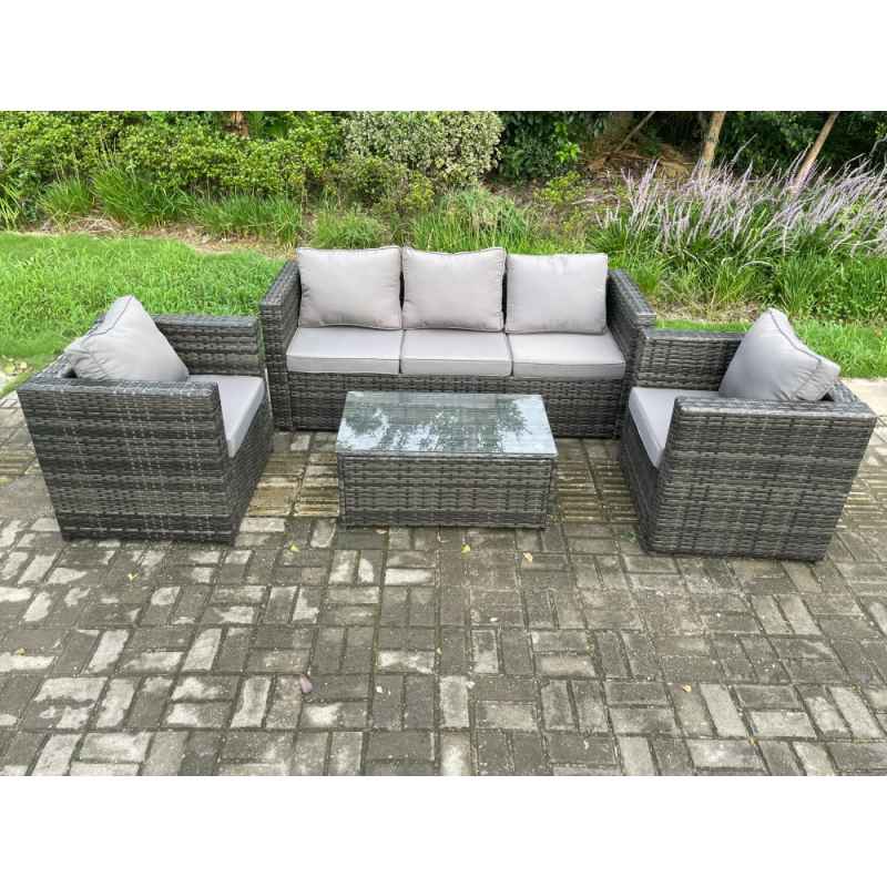 Fimous 5 Seater Outdoor Lounge Sofa Set Wicker PE Rattan Garden Furniture Set with 2 Armchair Oblong Coffee Table Dark Grey Mixed