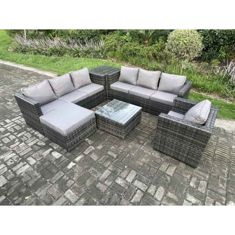 Fimous Rattan Garden Furniture Sofa Set with Armchair Side Table Square Coffee Table Big Footstool Indoor Side Table Outdoor 8 Seater Rattan Set Dark Grey Mixed