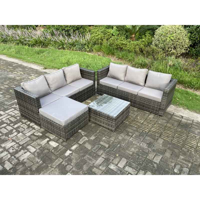 Fimous Wicker Rattan Garden Furniture Sofa Set with Square Coffee Table Big Footstool 7 Seater Outdoor Rattan Set Dark Grey Mixed