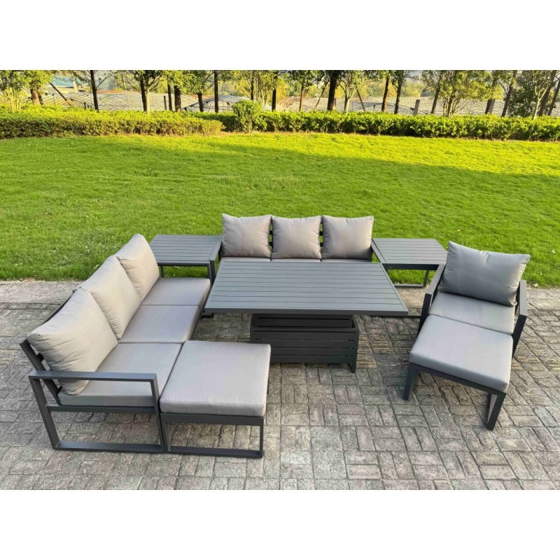Fimous Garden Aluminium Furniture Set Dark Grey 9 Seater Outdoor Patio Adjustable Rising Lifting Dining Table with 2 Big Footstools Side Table Dark Grey