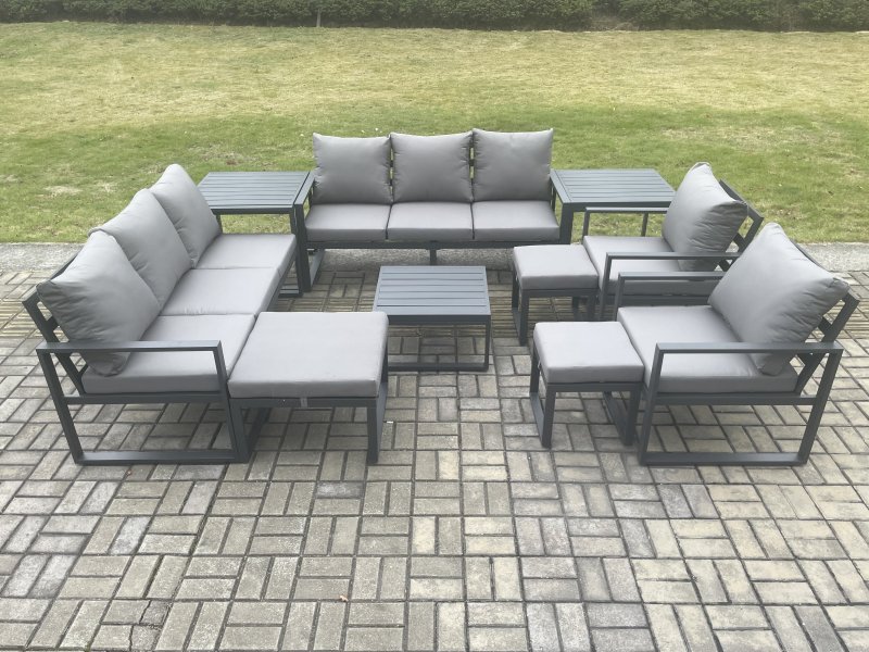 Fimous Aluminium Outdoor Garden Furniture Set Patio Lounge Sofa with Square Coffee Table 2 Side Tables 2 Armchairs 3 Footstools Dark Grey