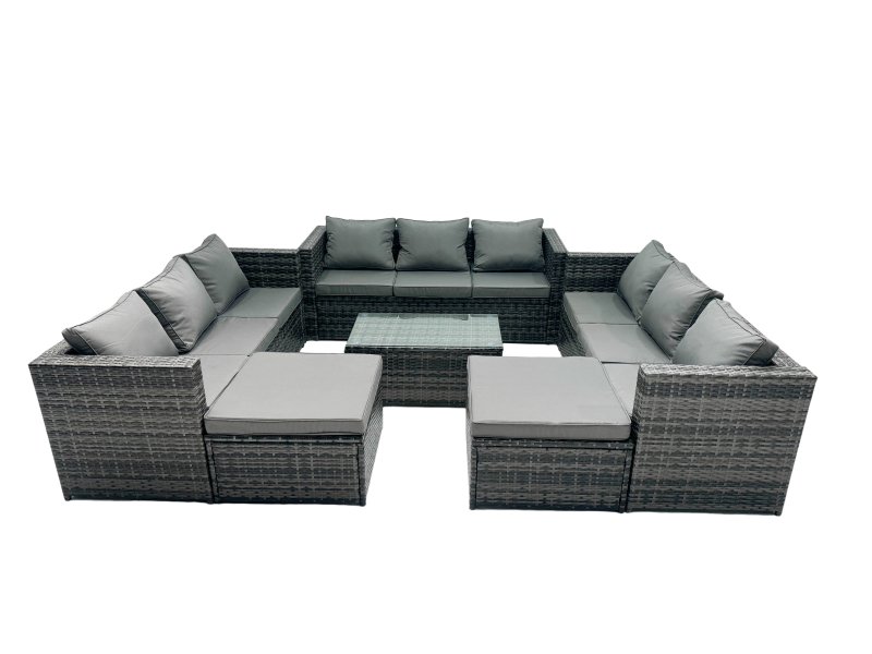 Fimous Rattan Garden Furniture Dining Set 11-seater Patio Coffee Table Sofa Set with 2 Big Stools Dark Grey Mixed
