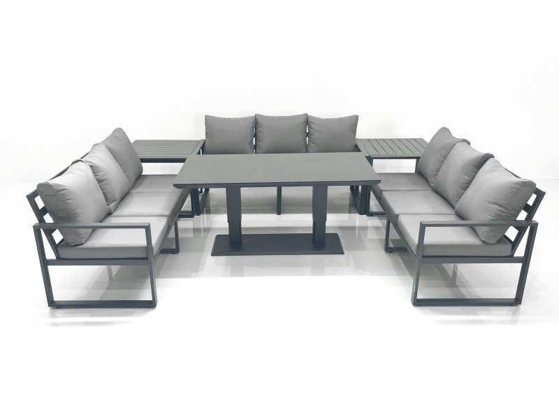 Fimous 9 Seater Garden Sofa Set Aluminium Furniture Rising Dining Tabe Set with 2 Side Tables Dark Grey