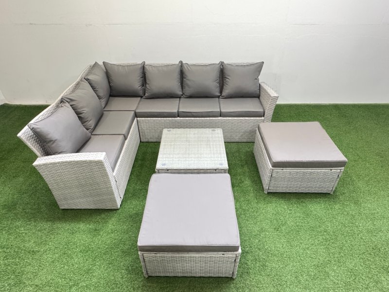 Fimous Outdoor Rattan Garden Furniture Set 8 Seater Corner Sofa Sets with Square Coffee Table 2 Big Footstools Light Grey Mixed