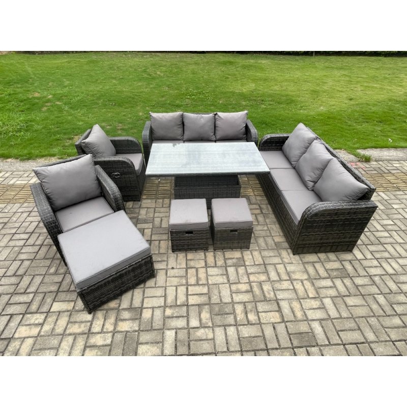 Fimous Wicker PE Rattan Outdoor Garden Furniture Sets Height Adjustable Rising lifting DiningTable Sofa Set with Reclining Chair 3 Footstools Dark Grey Mixed