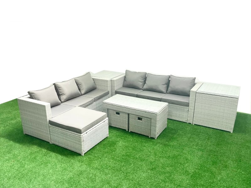 Fimous 9 Seater Garden Outdoor Rattan Furniture Set Rattan Garden Sofa Oblong Coffee Table with 3 Footstools 2 Side Tables Light Grey Mixed