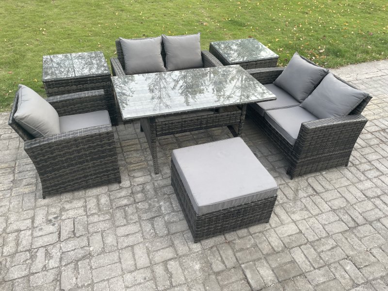 Fimous Wicker Rattan Garden Dining Set Outdoor Furniture Sofa with Dining Table Double Seat Sofa 2 Side Tables Big Footstool Dark Grey Mixed