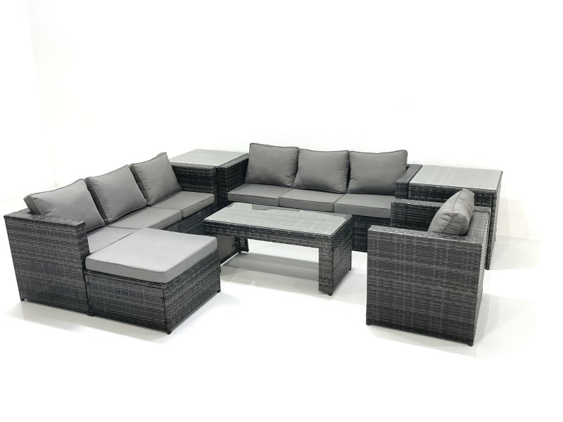 Fimous Rattan Garden Furniture Set Outdoor 8 Seater Patio Conversation Sets with Glass Top Coffee Table 2 Side Tables