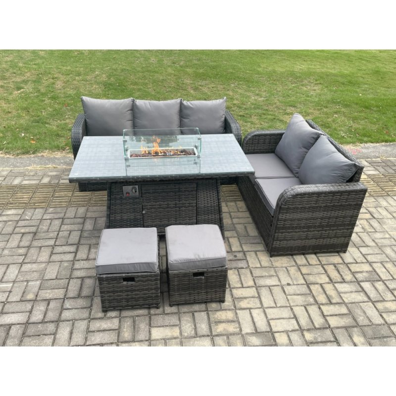 Fimous PE Wicker Outdoor Rattan Garden Furniture Set Propane Gas Fire Pit Table and Sofa set with 2 Small Footstools