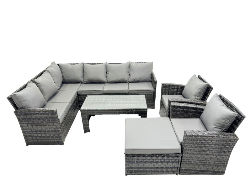 Fimous 9 Seat Poly Rattan Outdoor Patio Oblong Coffee Table Corner Sofa Set with Big Stool 2 Chairs for Garden Backyard Dark Grey Mixed