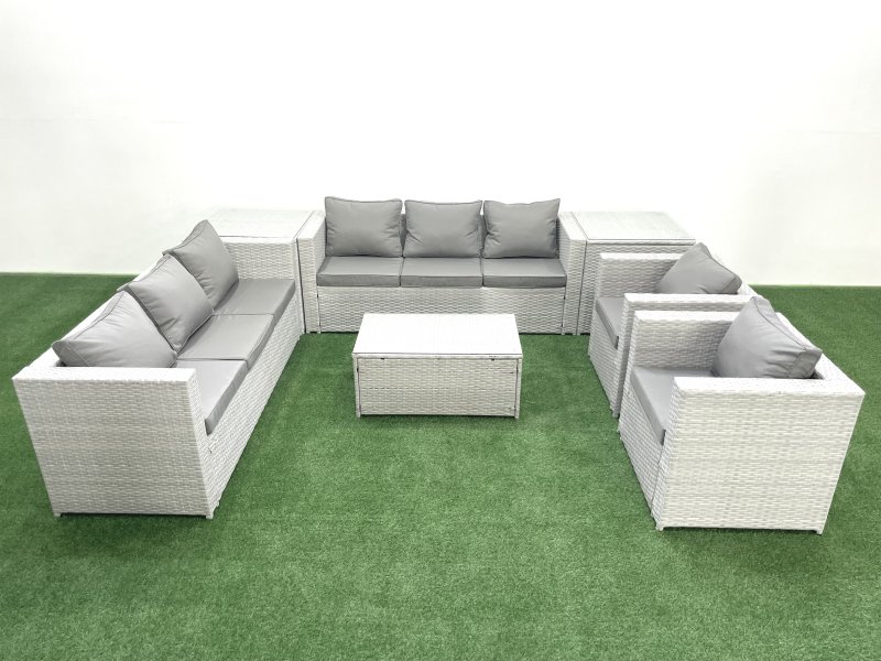 Fimous Outdoor Rattan Sofa Garden Furniture Set with 2 Armchairs Oblong Coffee Table 2 Side Tables Light Grey Mixed