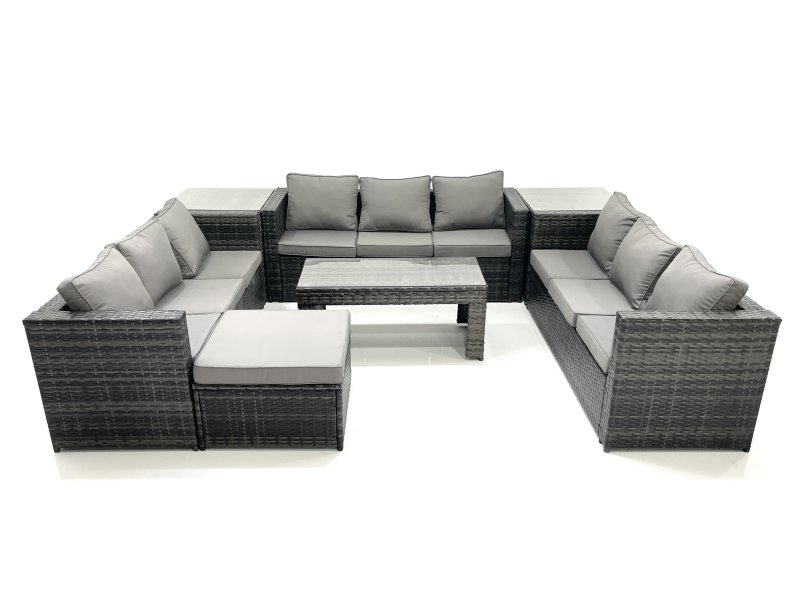 Fimous Outdoor Garden Furniture Set 10 Seater Rattan Sofa Set with Coffee Table Big Footstool 2 Side Tables Dark Grey Mixed