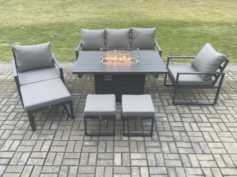Fimous Aluminium Patio Outdoor Garden Furniture Lounge Sofa Set Gas Fire Pit Dining Table with 3 Footstools Dark Grey