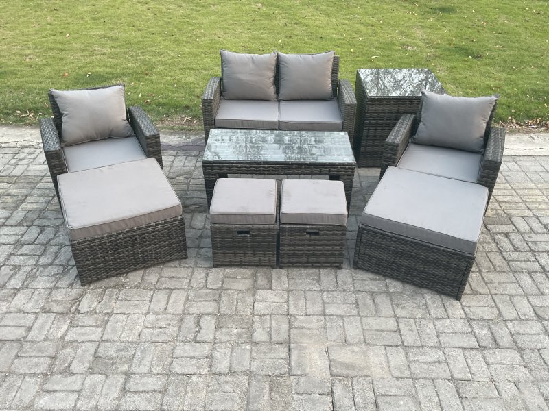 Fimous High Back Rattan Garden Furniture Sofa Sets with Rectangular Coffee Table Side Table Armchair 2 Big Footstool 2 Small Footstools Dark Grey Mixed