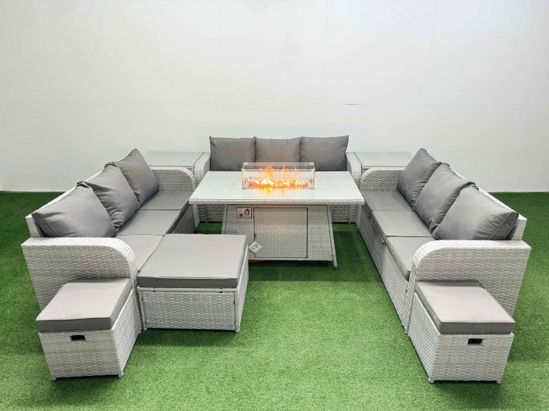 Fimous PE Rattan Lounge Sofa Set 12 Seater Outdoor Garden Furniture Set with Firepit Dining Table 3 Seater Sofa 3 Stools 2 Side Table Light Grey