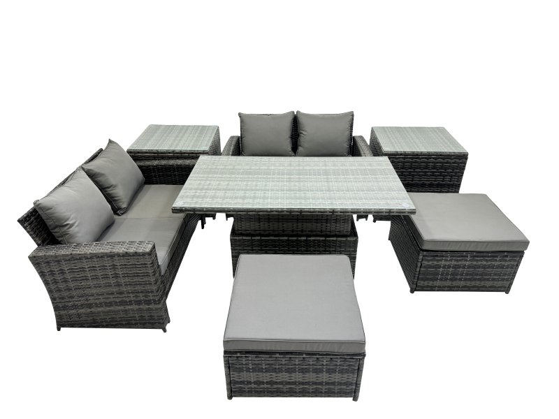 Fimous Outdoor Love Sofa Set 6 Seat Rattan Garden Furniture Set with Adjustable Lifting Dining or Coffee Table Big Stool Dark Grey Mixed