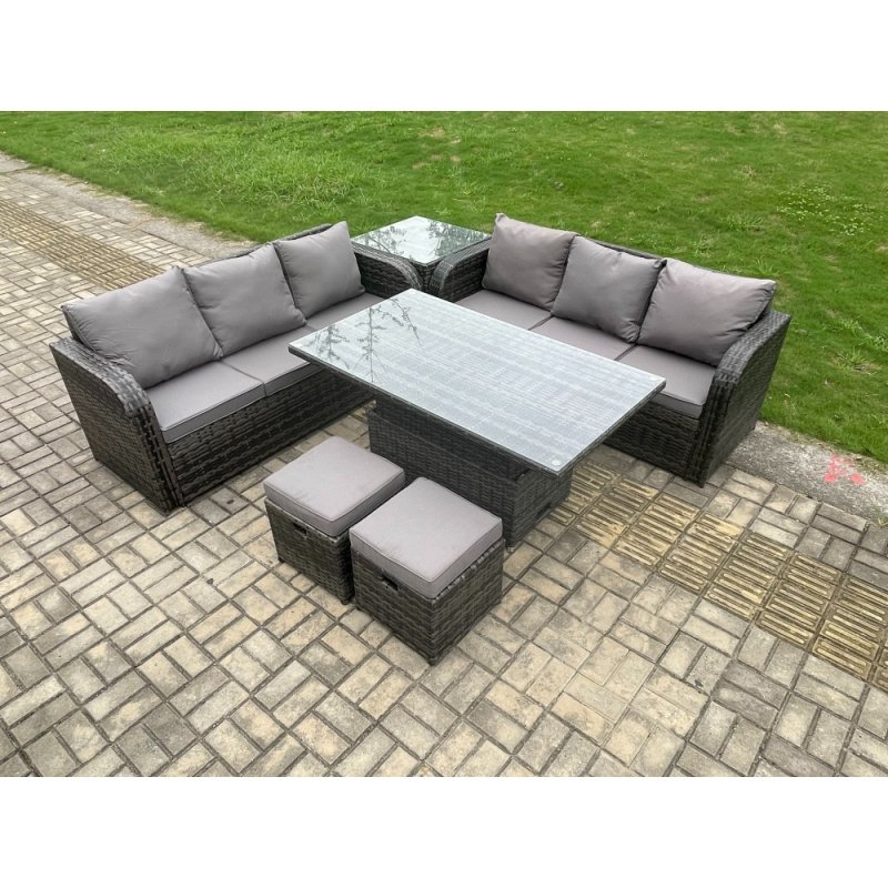 Fimous Outdoor Rattan Garden Furniture Sets Height Adjustable Rising lifting Dining Table Sofa Set with Side Table 2 Small Footstools Dark Grey Mixed
