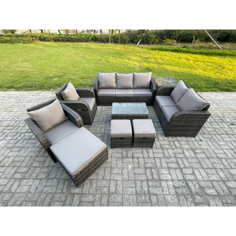 Fimous Patio Garden Furniture Sets Wicker 10 Seater Outdoor Rattan Furniture Sofa Sets with Rectangular Coffee Table Reclining Chair Loveseat Sofa Side Table 3 Footstools