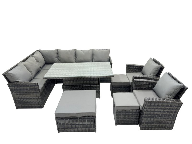Fimous 11 Seat Poly Rattan Outdoor Patio Height Adjustable Rising Lifting Table Corner Sofa Set with 3 Stool 2 Chairs for Garden Backyard Dark Grey Mixed