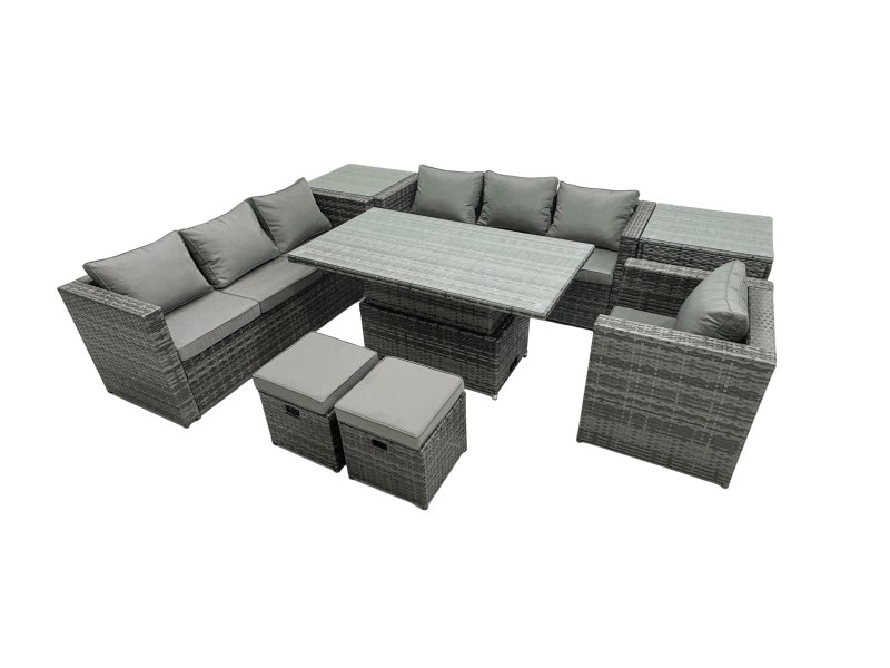 Fimous Rattan Dining Table Sofa Set with Armchair 2 Small Stools Outdoor 9 Seat Garden Furniture Set Dark Grey Mixed