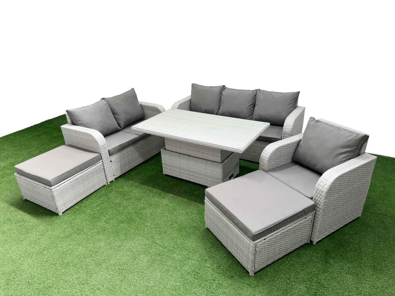 Fimous Patio PE Wicker 8 Seater Outdoor Rattan Furniture Sofa Sets with Adjustable Lifting Dining or Coffee Table Reclining Chair Loveseat Sofa 3 Seater Sofa 2 Big Footstools Light Grey