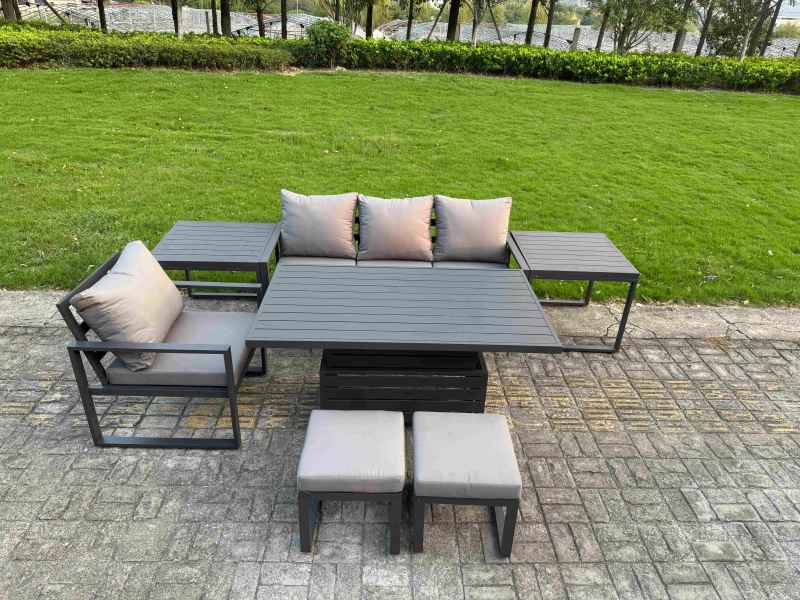 Fimous Aluminum Outdoor Dining Set Patio Dining Furniture Set Includes Adjustable Rising Lifting Dining Table Chairs with 2 Small Footstools Side Table