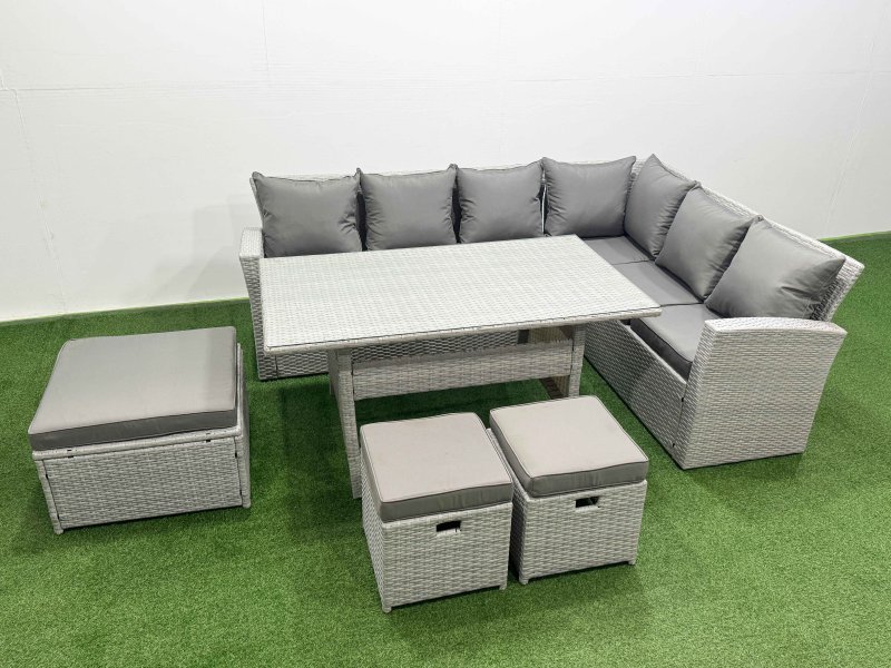 Fimous Rattan Garden Furniture Set Outdoor 9 Seater Patio Dining Corner Sofa Sets with Dining Table 3 Footstools Light Grey Mixed
