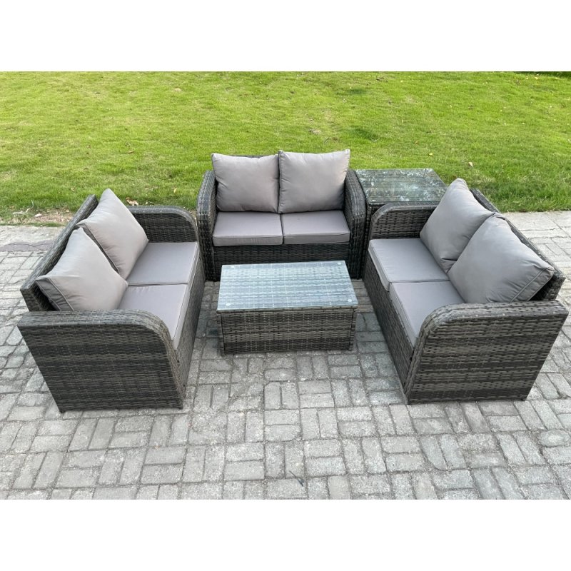Fimous Outdoor Garden Furniture Sets 6 Seater Wicker Rattan Furniture Sofa Sets with Rectangular Coffee Table Love Sofa Side Table Dark Grey Mixed