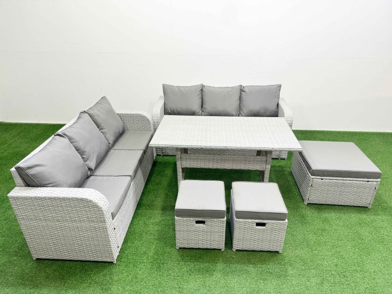 Fimous Outdoor Garden Furniture Sets 9 Seater Wicker Rattan Furniture Sofa Sets with Rectangular Dining Table high Back Lounge Sofa 3 Stools Light Grey