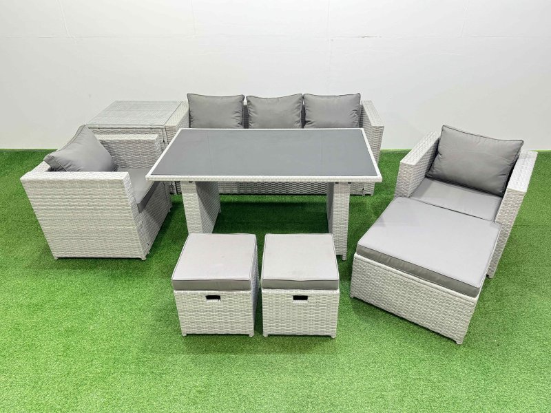 Fimous Patio Garden Furniture Sets with Black Glass Top Dining Table Armchair 3 Seater Sofa Side Table 3 Stool Light Grey