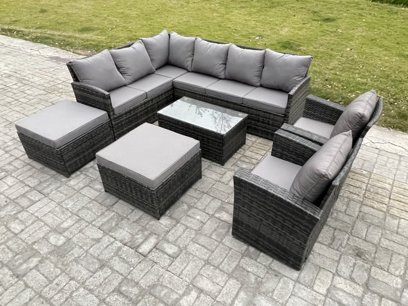 Fimous 10 Seater Rattan Lounge Corner Sofa Set Wicker PE Outdoor Garden Furniture Set with Coffee Table 2 Big Footstool 2 Armchair Dark Grey Mixed