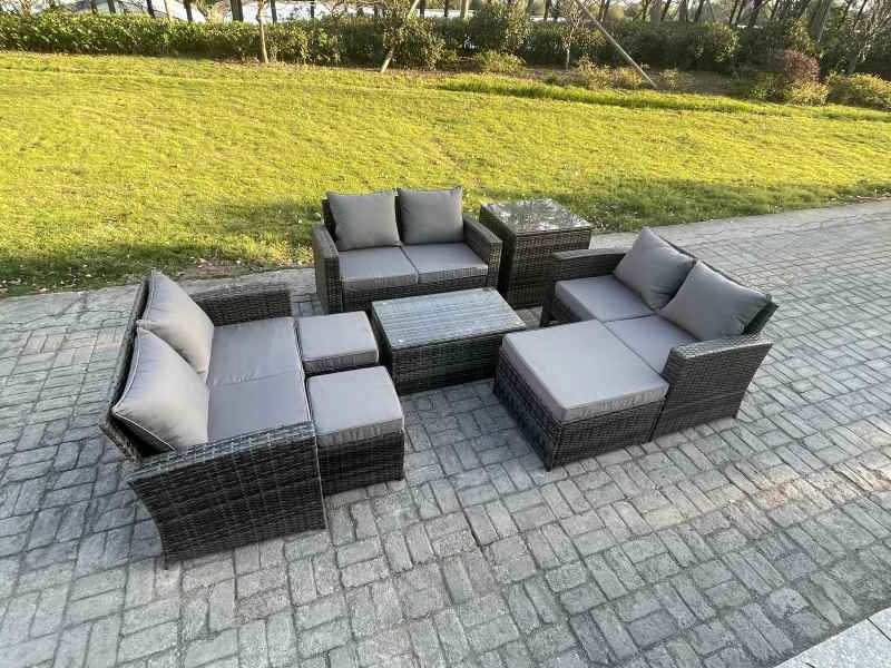 Fimous 8pc Rattan Sofa Garden Furniture Outdoor Patio Set with Side Table 3 Footstools Double Seat Sofa Dark Grey Mixed