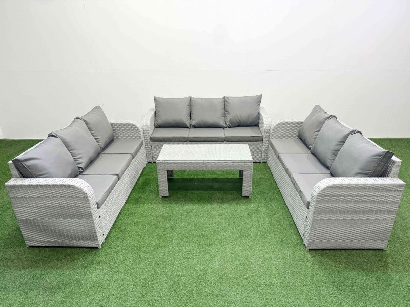 Fimous PE Rattan Lounge Sofa Set 9 Seater Outdoor Garden Furniture Set with Oblong Coffee Table 3 Seater Sofa Light Grey
