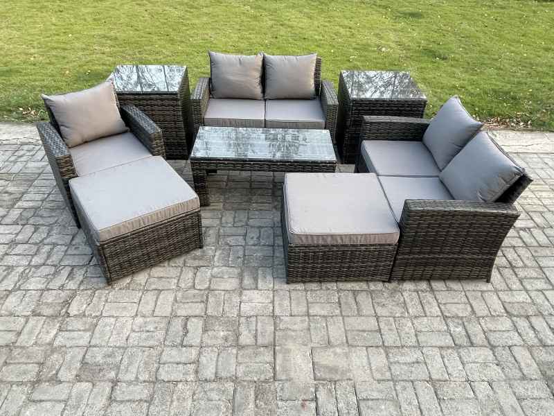 Fimous 7 Seater Outdoor Rattan Patio Furniture Set Garden Lounge Sofa Set with 2 Side Tables 2 Big Footstool Coffee Table Dark Grey Mixed