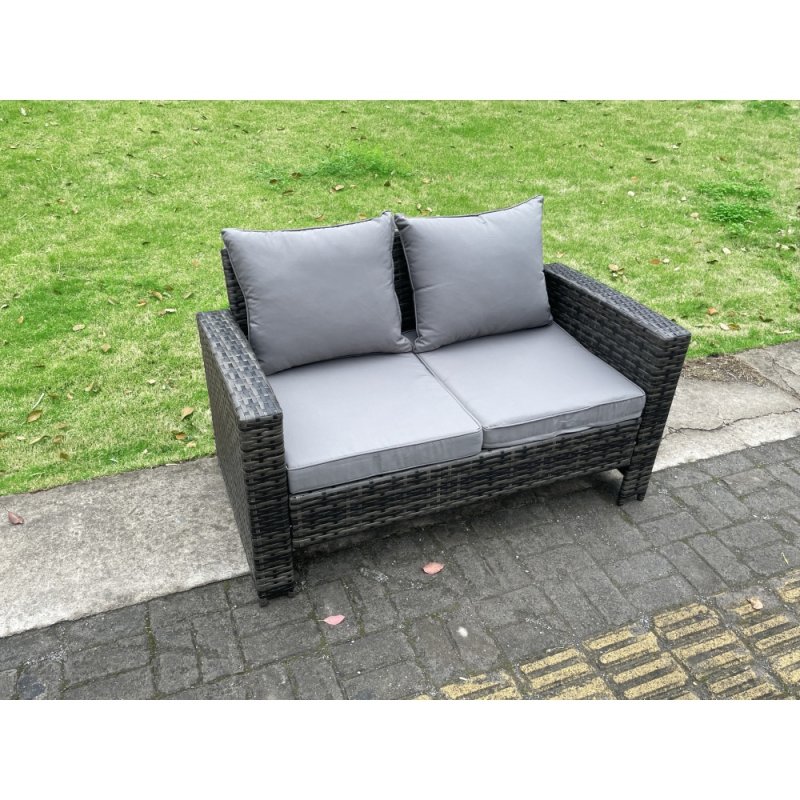 Fimous 5 Seater Outdoor Dark Grey Mixed High Back Rattan Sofa Dining Table Set Love Seat Garden Furniture Big Footstool