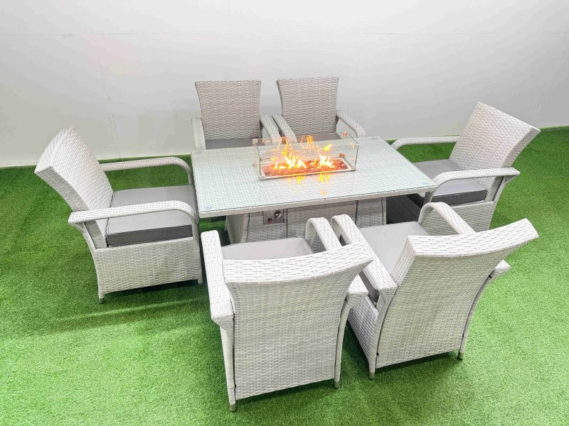 Fimous Outdoor Rattan Garden Furniture Set Patio 6 Chairs Plus Gas Fire Pit Table Sets Light Grey Mixed