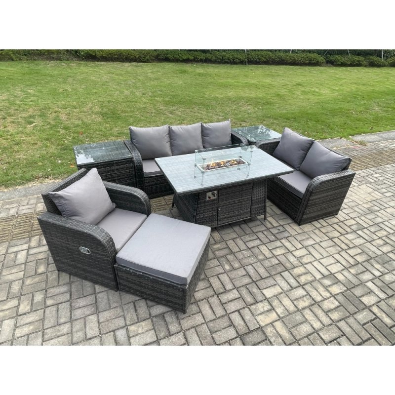 Fimous Garden Patio Furniture Wicker Rattan Gas Fire Pit Table and Sofa Chair set with 2 Side Tables Big Footstool