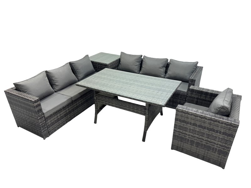 Fimous 7 Seater Outdoor Corner Sofa Chair Dining Table Set Garden Rattan Furniture Set with Side Table Dark Grey