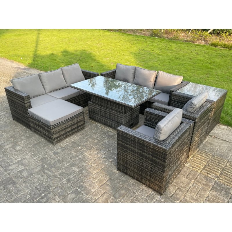Fimous 9 Seater?Outdoor Rattan Garden Furniture Adjustable Rising Lifting Table With Side Table Chairs Footstool Dark Grey Mixed