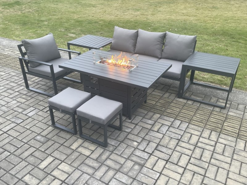 Fimous Aluminium 7 Pieces Garden Furniture Sofa Set with Cushions Gas Fire Pit Dining Table Set with 2 Small Footstools 2 Side Tables Dark Grey