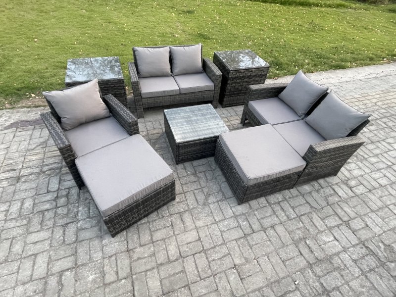 Fimous 7 Seater Outdoor Rattan Garden Furniture Set Conservatory Patio Sofa Coffee Table Set with Chair 2 Side Tables 2 Big Footstool Dark Grey Mixed