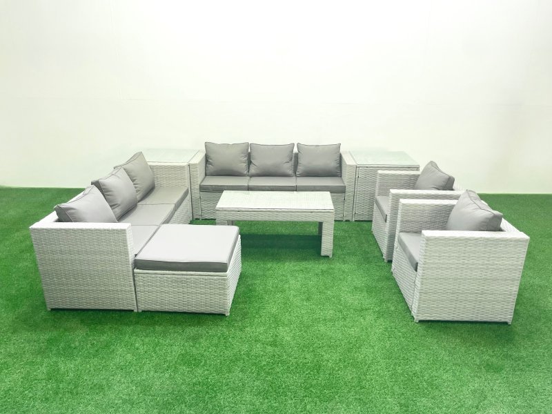 Fimous Outdoor Garden Furniture Rattan Sofa Set with 2 Armchairs Oblong Coffee Table Big Footstool 2 Side Tables Light Grey Mixed
