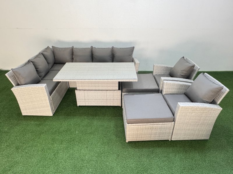 Fimous 10 Seat Rattan Outdoor Garden Furniture Corner Sofa Set Adjustable Lifting Dining or Coffee Table Set with Armchair Light Grey